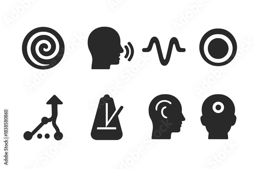 Trance State Icons. Solid style icons of trance and guided state induction: hypnotic spiral glyph, guided voice badge, trance wave