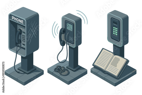 Haunted Phone Booth. Isometric vector illustration set of Urban legends: haunted phone booth, echoing ringtone, missing directory