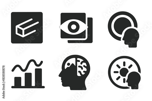 Perception Training Icons. Solid style icons of reality perception training: illusion test glyph, layered vision icon, filter lens