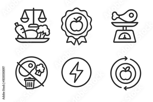 Nutritional Icon Set. Line style icons of nutritional focus: balanced nutrient icon, vitamin-rich badge, protein content scale,