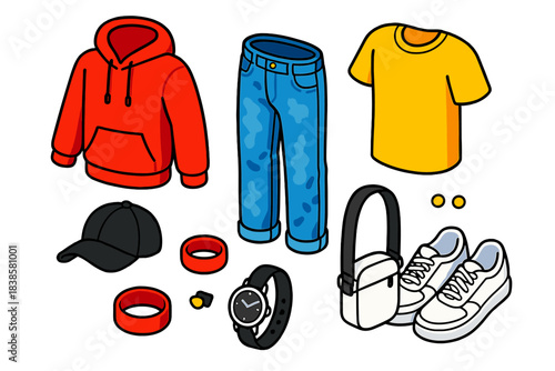 Streetwear Iconic Outfit. Isometric vector illustration set Street fashion – monochrome hoodie, stone-washed jeans, simple tee;