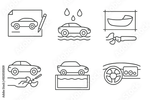 Amphibious Car Evolution. Line style icons of amphibious car construction stages: concept sketch icon, waterproof testing phase,