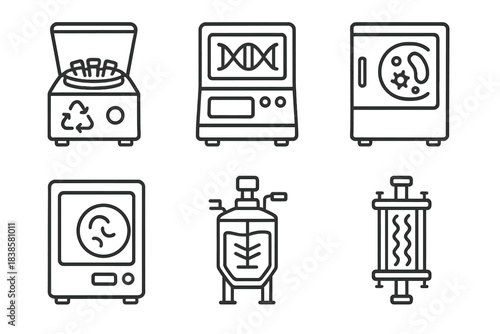 Biotech Equipment Icons. Line style icons of biotechnological equipment: centrifuge with plastic symbol, gene sequencer, lab