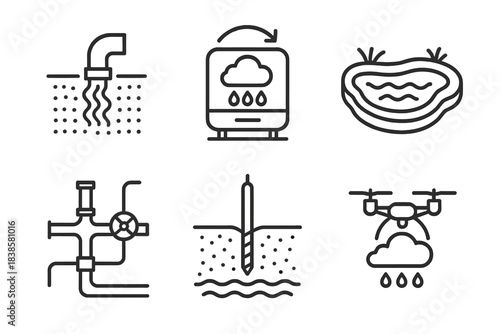 Line Style Water Systems. Line style icons of water systems in terraforming: underground water release pipe, atmospheric condenser