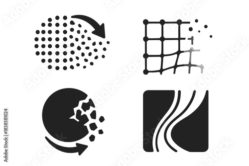 Decoherence Icon Transition. Solid style icons of decoherence transition: clear-to-chaotic form, blurring particle mesh, fading
