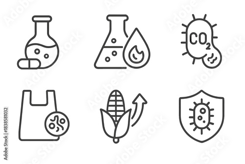 Synthetic Biology Icons. Line style icons of applications in synthetic biology: pharmaceutical synthesis icon, biofuel production