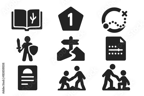 Symbolic Storytelling Icons. Solid style icons of symbolic storytelling: book with symbol glyph, chapter badge, narrative path