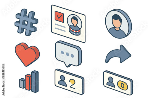 Election Campaign Icons. Isometric vector illustration set Voting and elections – campaign social media: hashtag symbol, post card