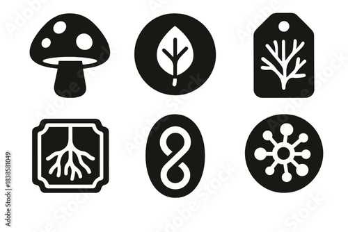 Fungal Fashion Icons. Solid style icons of future fungal fashion startups: mushroom logo icon, eco-brand badge, mycelium tag panel