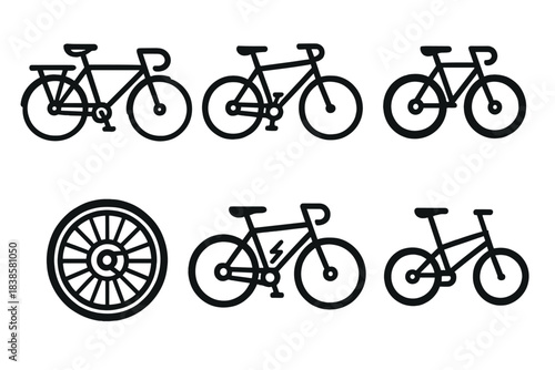 Bicycle Icon Variations. Line style icons of bike setup variations: drop bar tourer, flat bar bike, fat tire icon, electric