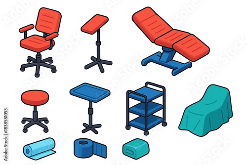 Tattoo Studio Tools. Isometric vector illustration set Tattoo equipment – tattoo artist chair, adjustable client armrest,