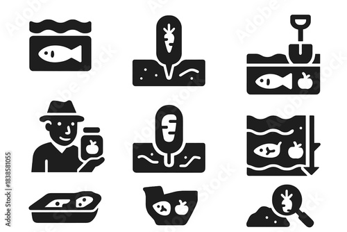 Subterranean Food Icons. Solid style icons of buried food vaults: underground preservation box, capsule dig marker, artifact dish