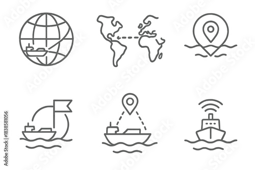 Global Shipping Routes. Line style icons of international shipping routes: globe with ship path, continent-to-continent line,