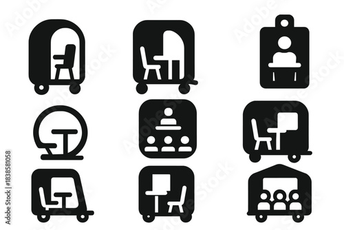 Portable Lecture Pods Icons. Solid style icons of portable lecture pods: study capsule glyph, mobile class icon, roaming badge.