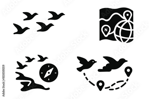 Migratory Bird Icons. Solid style icons of migratory behavior and magnetism: flying birds in arc, migration route with wave