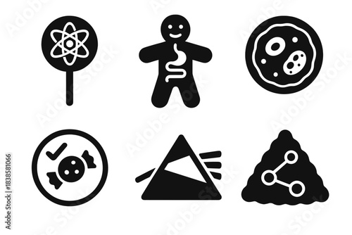 Edible Science Icons. Solid style icons of educational uses of edible holograms: atom candy, digestive model gummy, cell-structure