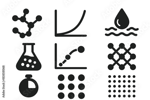 Tapioca Pearl Chemistry Icons. Solid style icons of tapioca pearl chemistry: starch molecule, gelatinization heat curve, hydration