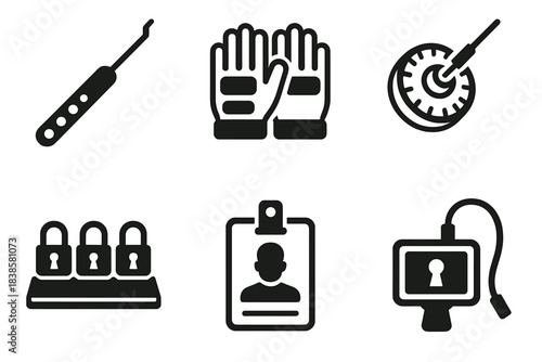 Lockpicking Tools Icons. Line style icons of Competitive Lockpicking: dimple lock pick, lockpick gloves, safe dial pick, practice