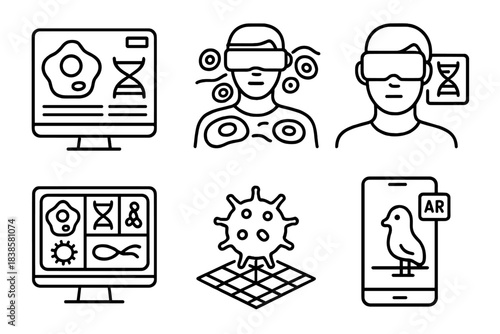 BioArt Line Icons. Line style icons of BioArt in virtual space: bio-digital interface, VR cell landscape, virtual DNA explorer,