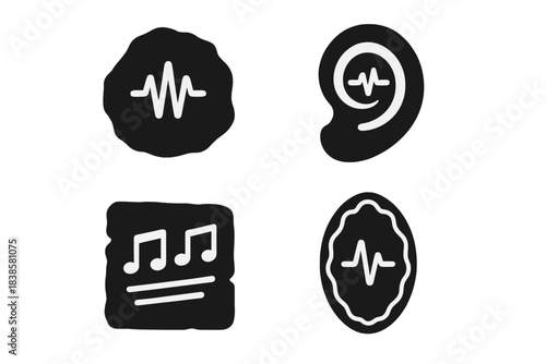 Acoustic Memory Icons. Solid style icons of acoustic memory: soundprint stones, voice fossils, echo engravings. Resonance memories