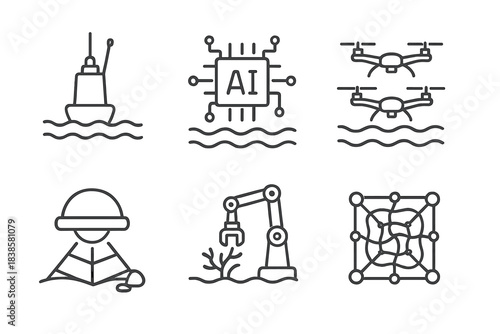 Future Ocean Tech Icons. Line style icons of future tech in oceanography: smart buoy, AI ocean model, drone swarm over sea,