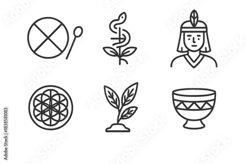 Indigenous Icon Collection. Line style icons of cultural and traditional roots: shamanic drum, ayahuasca ceremony symbol,