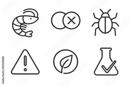 Allergy and Caution Icons. Line style icons of allergy and caution labels: shellfish allergy warning, cross-reaction alert,