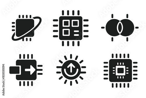 Quantum Teleportation Icons. Solid style icons of quantum teleportation for computing: quantum chip with teleport ring, multi-core
