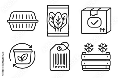 Packaging Icons Set. Line style icons of packaging and delivery: clamshell produce container, sealed bag with greens, labeled