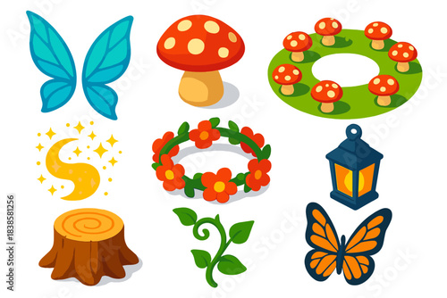 Magical Storytelling Icons. Isometric vector illustration set Storytelling icons – fairy wings, mushroom stool, toadstool ring;