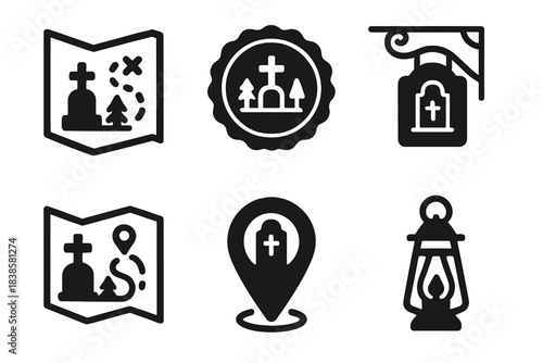 Cemetery Tour Icons. Line style icons of Cemetery Tourism: old cemetery map, historic route, tour badge, vintage sign, grave