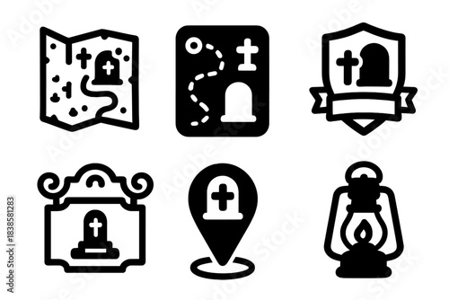 Cemetery Tour Icons. Line style icons of Cemetery Tourism: old cemetery map, historic route, tour badge, vintage sign, grave