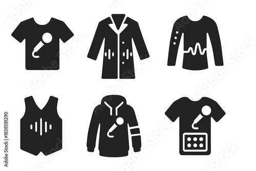 Sonic Wear Icons. Solid style icons of performance-oriented sonic wear: stage sound shirt, live echo coat, singer’s haptic sleeve.