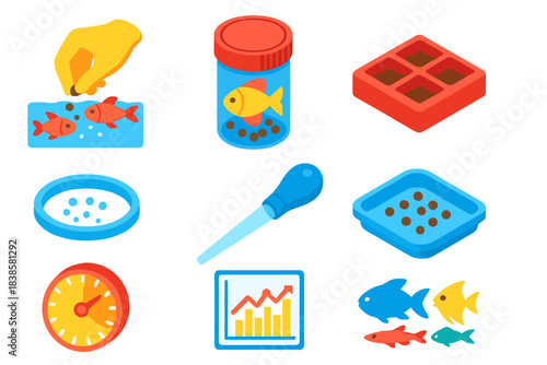 Aquarium Feeding Tools. Isometric vector illustration set Aquarium life – fish feeding, pellet container, frozen food cube;