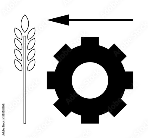 Agriculture and industry symbols. A wheat stalk and gear alongside an arrow agriculture, industry, direction, progress, and sustainability. For corporate, trade, and development