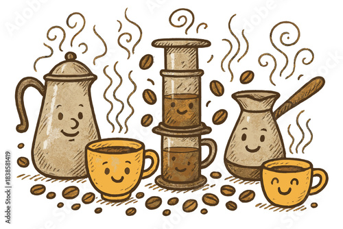 Coffee Brewing Doodle. Whimsical doodle of coffee brewing methods comparison with cheerful coffee cups, percolator, AeroPress, and