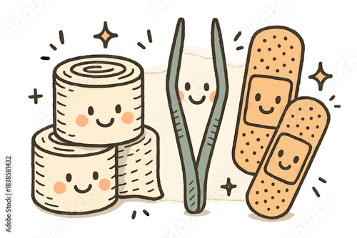 Cheerful Medical Supplies. Adorable doodle composition of cheerful medical supplies — gauze rolls, tweezers, and plasters —
