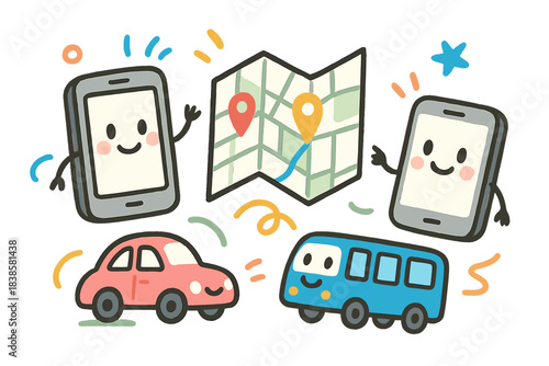 Playful Journey Collaboration. Fun doodle illustration of a journey planner with cute smartphones, maps, and vehicles
