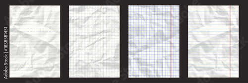 set of vector a4 format Crumpled notebook paper sheets. Realistic white, striped, grid wrinkled notepad sheets pages with shadow texture mock up.