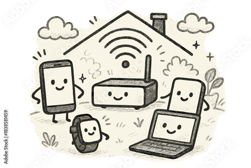 Happy Connected Devices. Playful doodle composition showing a family of happy smart devices getting connected, router spreading