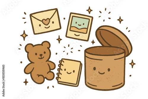 Time Capsule Treasures. Cute doodle infographic-style art of time capsule curation with anthropomorphic mementos and doodly