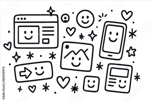 Inclusive Web Design. Fun doodle illustration of inclusive web design world — happy monitors, phones, and UI icons surrounded by