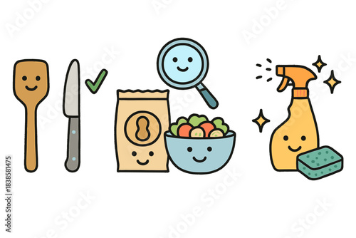 Allergy-Safe Cooking Steps. Cute doodle infographic-style artwork of allergy-safe cooking steps — separating tools, checking