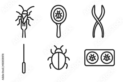 Bug-Themed Utensil Icons. Line style icons of bug-themed utensils: fork with cricket, bug scooper spoon, insect tongs, fine skewer