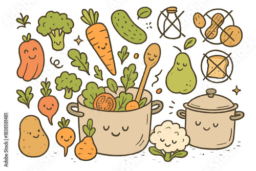 Smiling Kitchen Harmony. Whimsical doodle of cute vegetables, fruits, and cooking pots smiling as they avoid allergens and prepare
