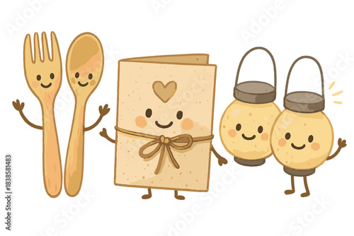 Eco-Friendly Wedding Setup. Adorable doodle scene of cheerful wedding items — bamboo cutlery, recycled paper invites, and solar