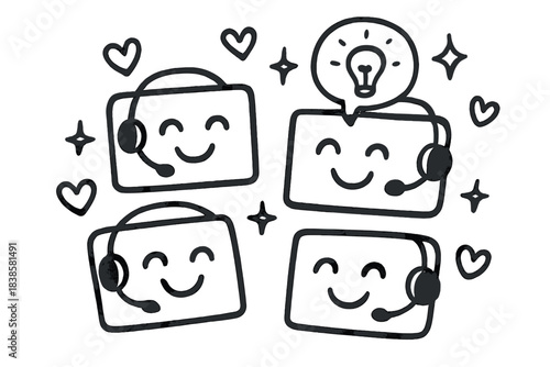 Virtual Team Doodle. Delightful doodle of virtual team meeting — smiling screens and headsets sharing ideas surrounded by doodly