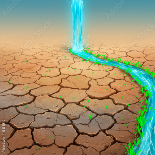 Illustration of water flowing into cracked earth, symbolizing hope and renewal in dry climates