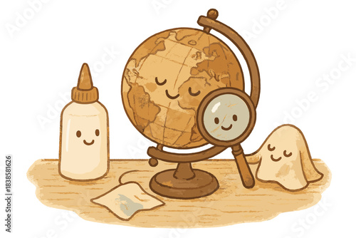Restoration Tools Repairing Globe. Whimsical doodle of cute restoration tools — glue, magnifier, and cloth — carefully repairing a