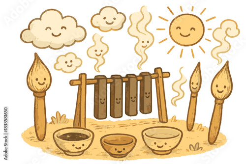 Warm Ink Drying. Whimsical doodle of cute ink sticks drying under warm sunlight surrounded by smiling brushes, bowls, and clouds